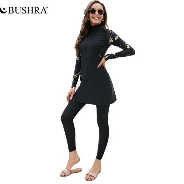 Swim Wear Bushra Black Swim Sup для Burkini Muslim Fashion Women Women Swimsuit с длинным рукавом арабская индейка пакистанская исламская