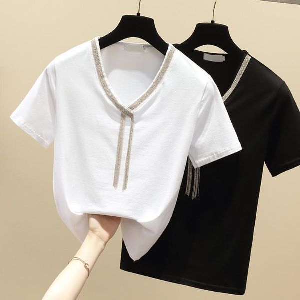 

women's t-shirt gkfnmt tees t shirt women clothes cotton korean tassel beaded summer short sleeve v-neck y2k black white 2021