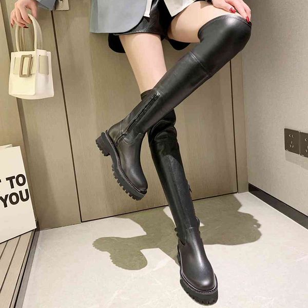 

winter platform thigh-high boots real leather fashion elastic over the knee boot designer women black long booties