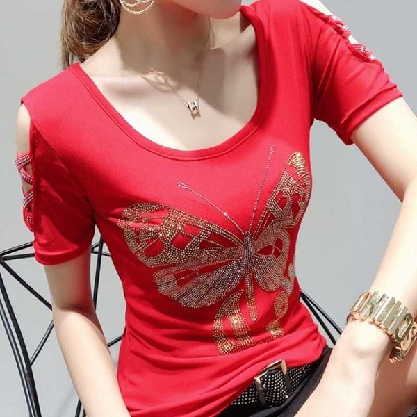 

women's bead short sleeve t-shirts female butterfl diamond white beading printing woman summer cotton tees 210601