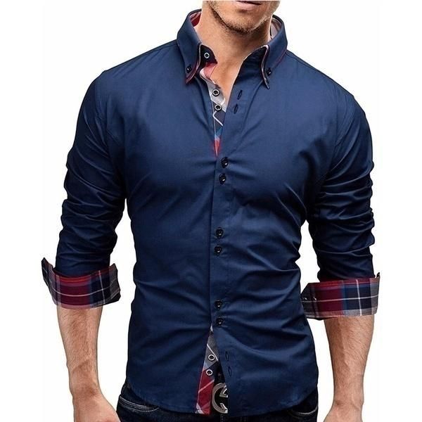 

men's casual shirts men long-sleeved plaid shirt solid color male business clothing, White;black