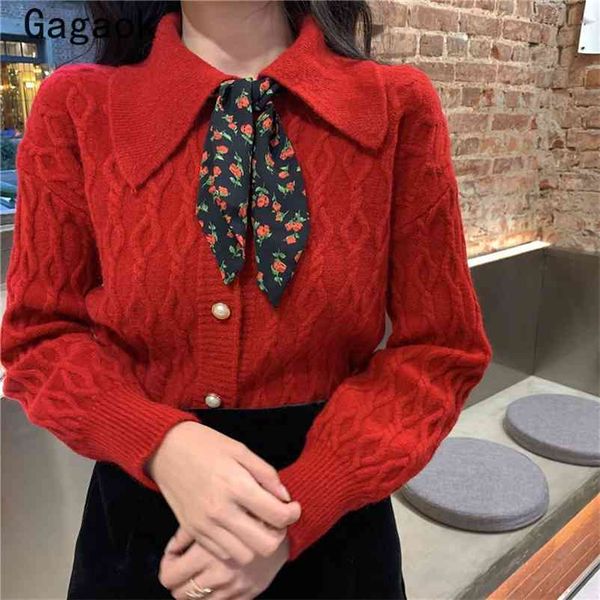 

sweet sweater women spring autumn solid full lapel button tie warm sweaters slim korean chic outwear cardigans 210531, White