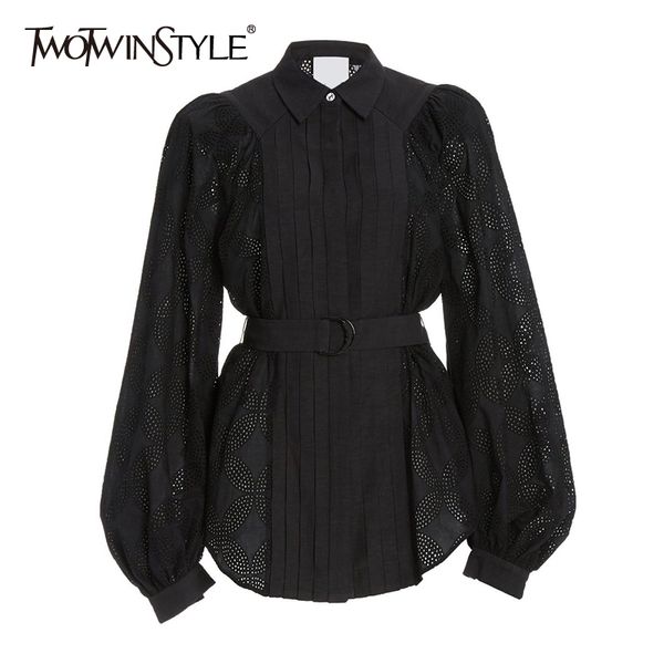 

twotwinstyle hollow out sashes dress for women lapel long sleeve casual white dresses female fashion clothing autumn 210517
