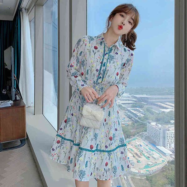 

spring casual vintage floral printed shirt dresses for women long sleeve loose ruffles elegant bow chic dress lady clothes femme 210515, Black;gray