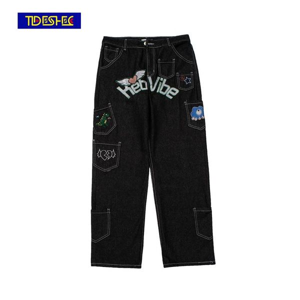 

men's jeans men denim embroidered creative pattern wide leg women punk high street streetwear designer for, Blue