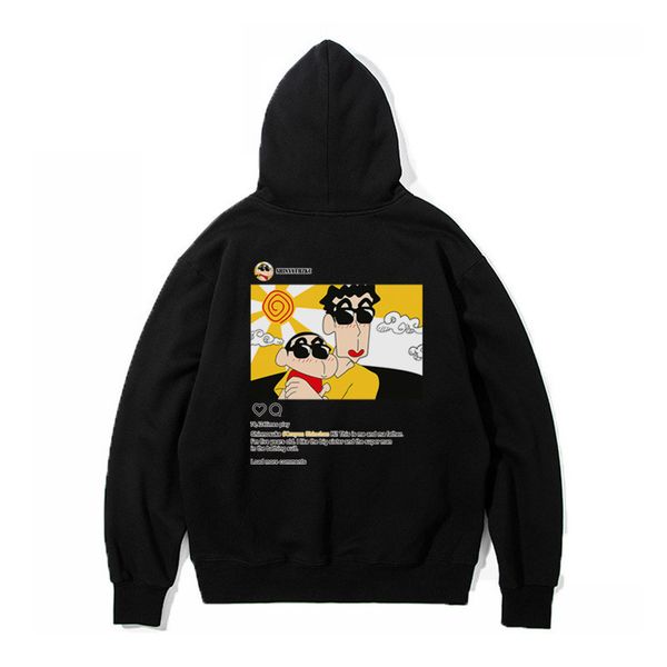 

2021 autumn winter crayon xiaoxin cartoon printed men's hoodie with plush loose sweater for men and women, Black