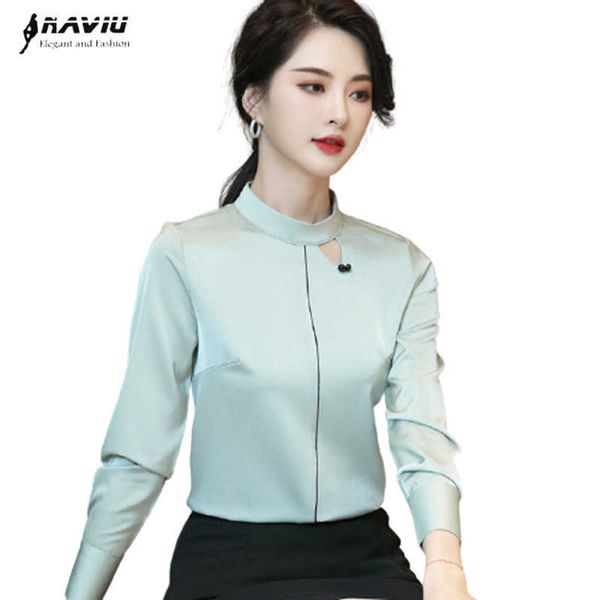 

long sleeve women spring temperament slim stand collar chiffon blouses office ladies work white 210604
