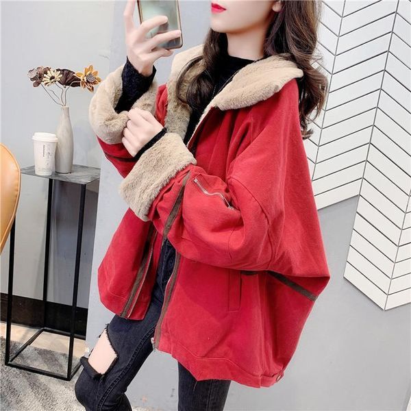 

women's down & parkas flocking and thickening tooling parker cotton coat autumn winter short korean version loose fur collar, Black