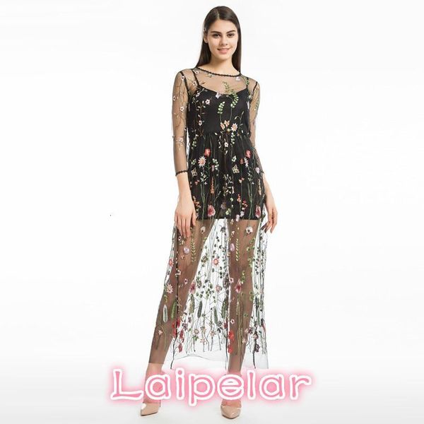 

casual dresses laipelar women embroidery flower dress summer two piece mesh maxi black long clothing vestidos1 h18v, Black;gray