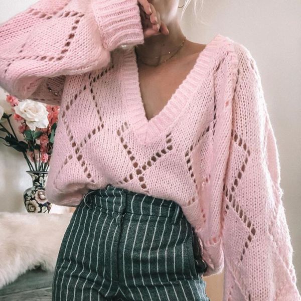 

women's sweaters v neck sweater women long sleeve hollow out pullover autumn winter pull femme pink nouveaute 2021, White;black