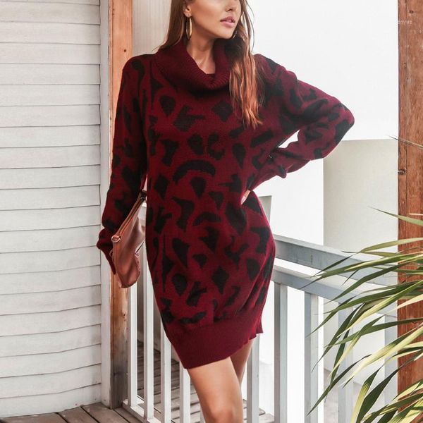 

casual dresses women sweater dress leopard printturtleneck long sleeve loose elasticity knit bottoming pullover package hip, Black;gray