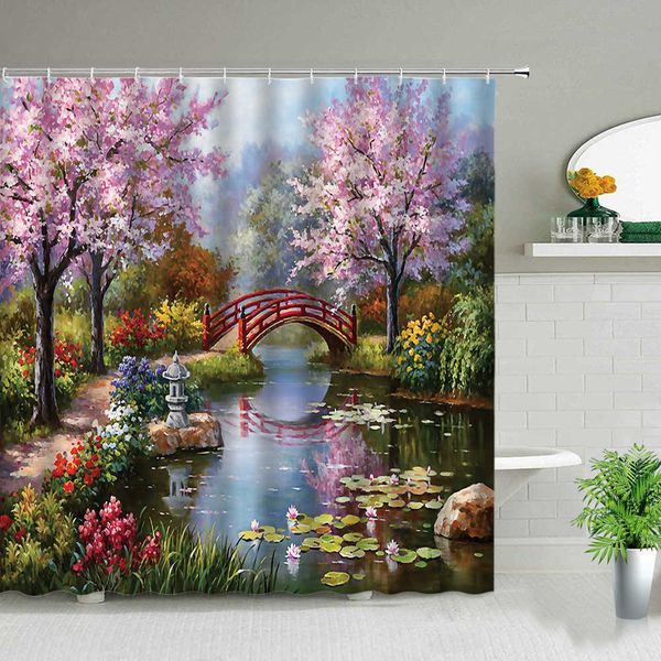 Yağlıboya Manzara Duş Perdeleri Çiçekler Bitki Kuğu Bahar Peyzaj Banyo Perdesi Su Geçirmez Banyo Dekor Polyester Bez 210609