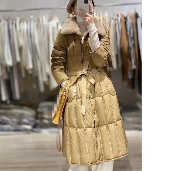 

2021 new foreign style mink fur collar goose down jacket women's long leather belt, Black
