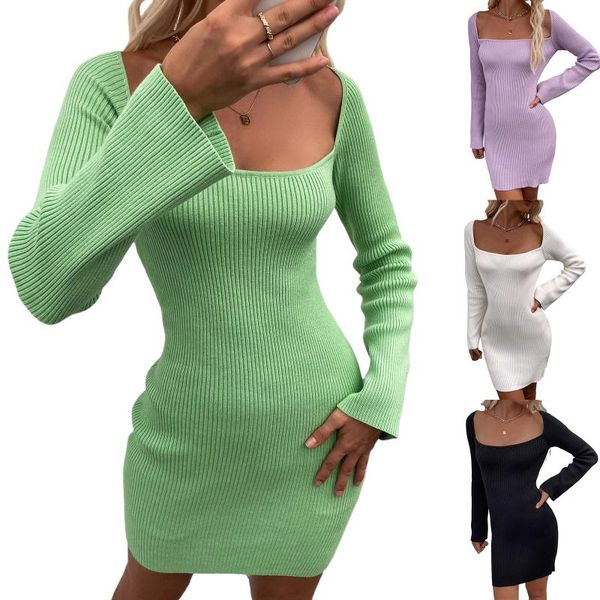

casual dresses women tie-up sheath dress adults solid color square collar long sleeve knit black white green purple, Black;gray