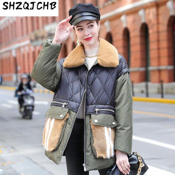 

women's down & parkas shzq winter collar pocket color matching jacket warm and loose korean, Black