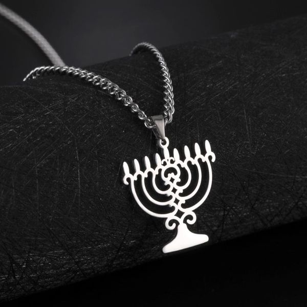 

pendant necklaces skyrim hanukkah candle menorah necklace for women men faith lamp stainless steel emblem jewish religious jewelry gifts, Silver