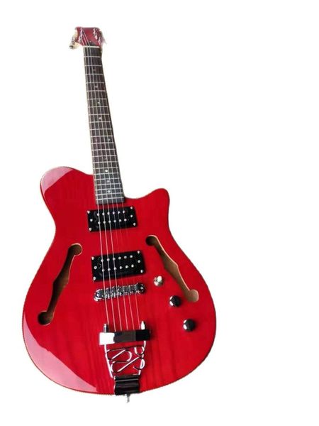 

red hollow electric guitar 6 strings bolt full okoume wood body high gloss with double f hole
