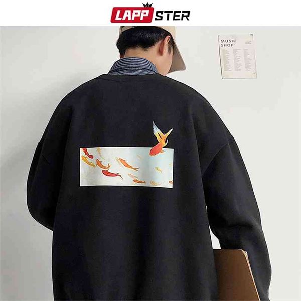 LAPPSTER Männer Fleece Übergroße Fisch Druck Hoodies Herbst Herren Harajuku Streetwear Sweatshirts Koreanische Schwarz 210813