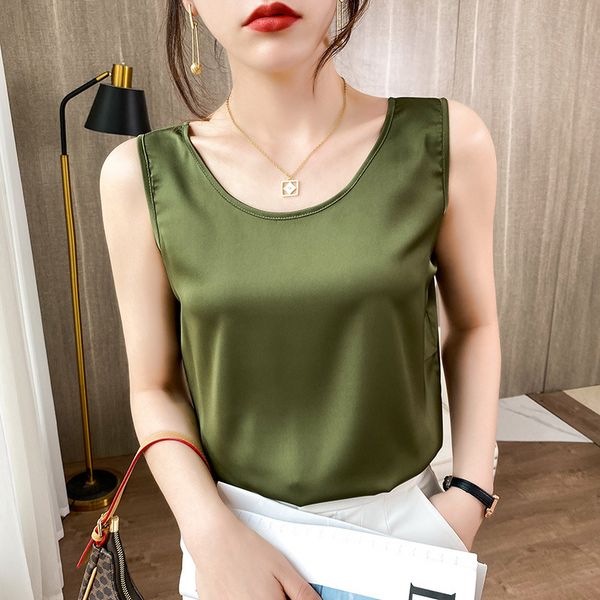 

mujer silk satin tank s for women soft thin solid sleeveless female black halter round neck vest camis gray 210514, White