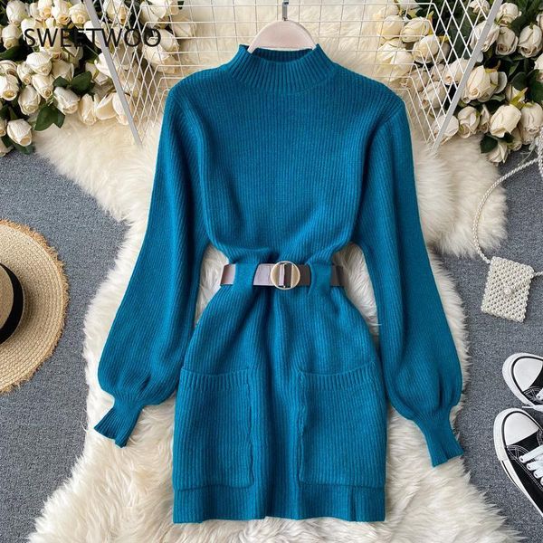 

casual dresses autumn and winter knitted long-sleeved fashion women's dress with belt slim sweater korean, Black;gray