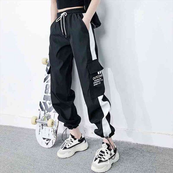 

high waist drawstring streetwear cargo pants women fashion big pocket letter printed loose jogging trousers casual harem pants, Black;white