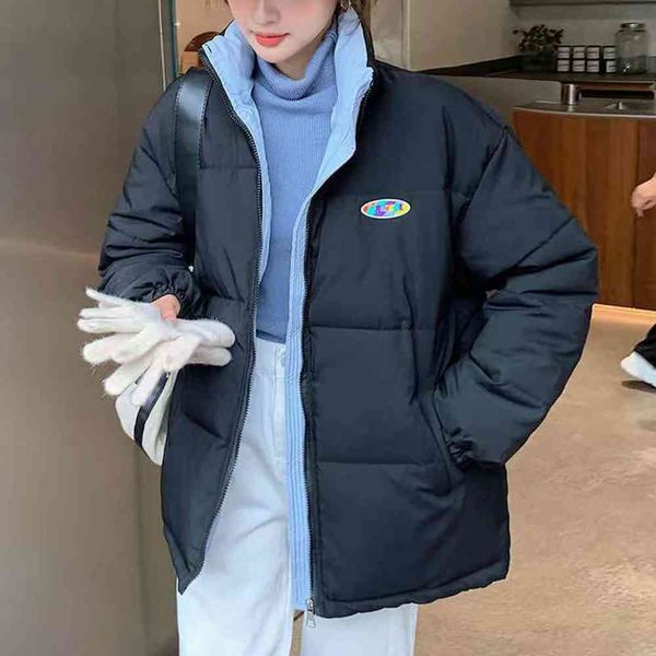 

short down cotton padded jacket women's winter splicing stand collar large thickened small, Black