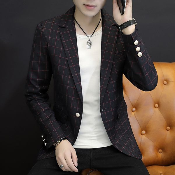 

suits & autumn men's blazer solid slim fit single breasted blazers 4 colors plaid suit jacket kpof, White;black