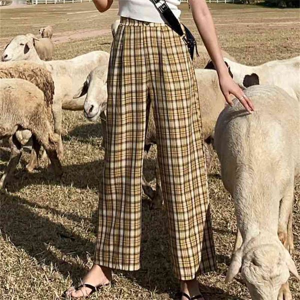 

korean fashion simple vintage plaid causal long women pants street straight wide leg pant 210507, Black;white
