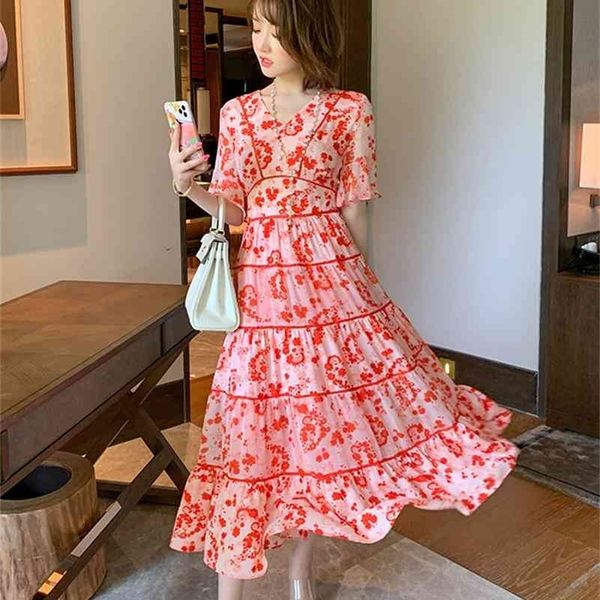

retro print v-neck stitching horn sleeve romantic temperament dress women's summer zippers knee-length 210416, Black;gray