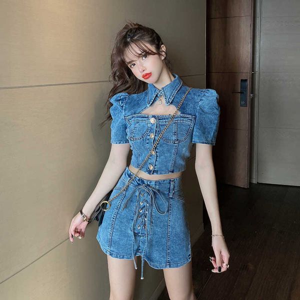 

summer fashion short-sleeved hollow denim + lace-up shorts 2 piece sets 210531, White