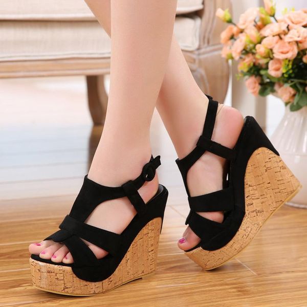 

women's sandals bohemia high heel wedges t strap candy color shoes, Black