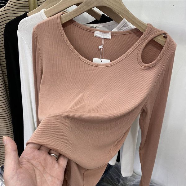 

tees t-shirt 2021 autumn long sleeve t-shirt korean version foreign style off shoulder solid color basic bottomed shirt women's top, White