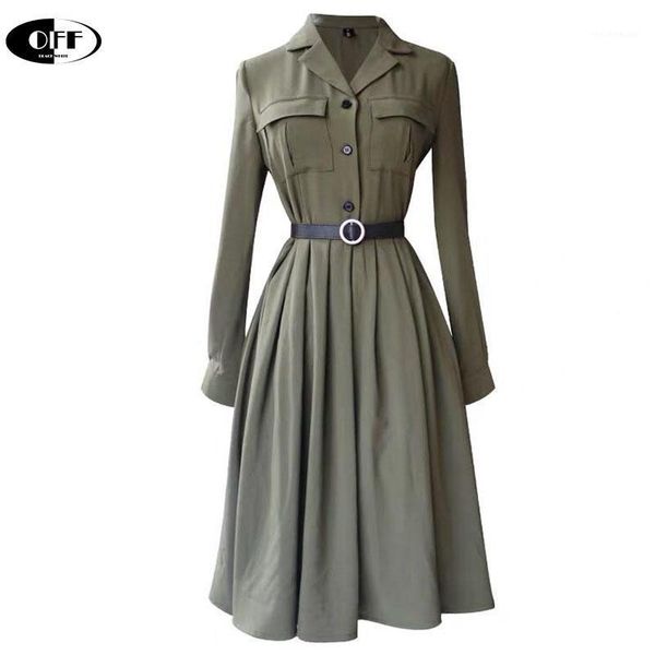 

casual dresses french vintage woman dress long sleeve autumn spring green pleated pocket slim elegant retro midi women clothes z, Black;gray