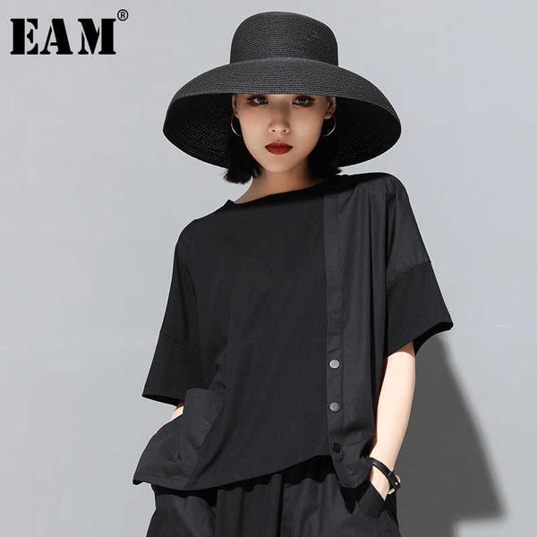 

[eam] spring summer round neck half sleeve black button split joint loose big size t-shirt women fashion jx500 210702, White