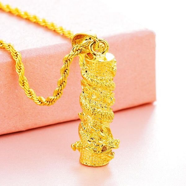 

pendant necklaces solid dragon patterned column with rope chain yellow gold filled necklace for men and women long 23.6", Silver
