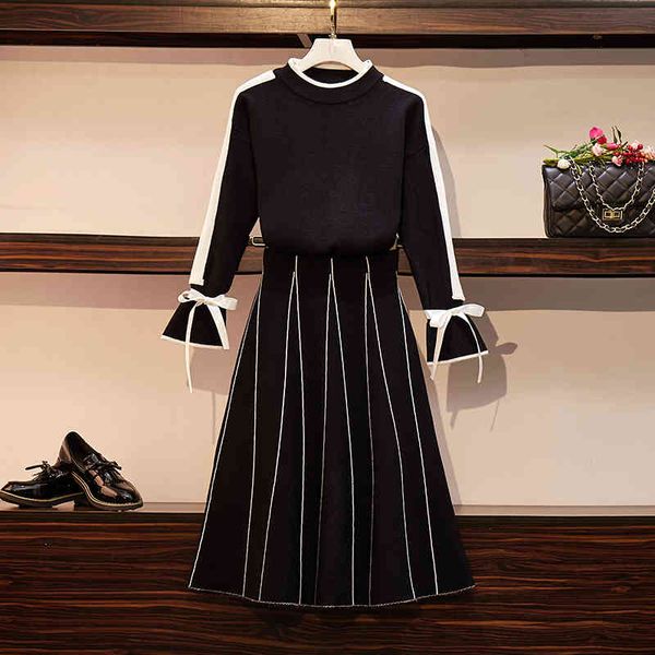 

two piece dress elegant women knit set spring bowknot flare sleeve sweater pullover+striped midi skirt 2 pieces ladies 4yb8, White
