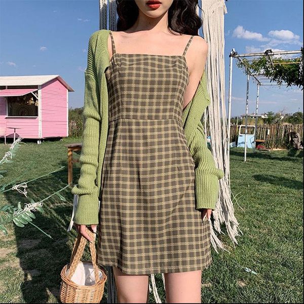 

dress only] womens spring korean foreign style versatile avocado fruit green retro plaid short women, Black;gray