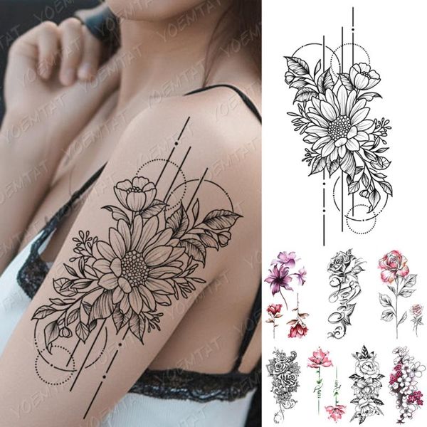 

temporary tattoos waterproof tattoo sticker line rose peony lily lotus plum blossom body art arm fake sleeve tatoo women men