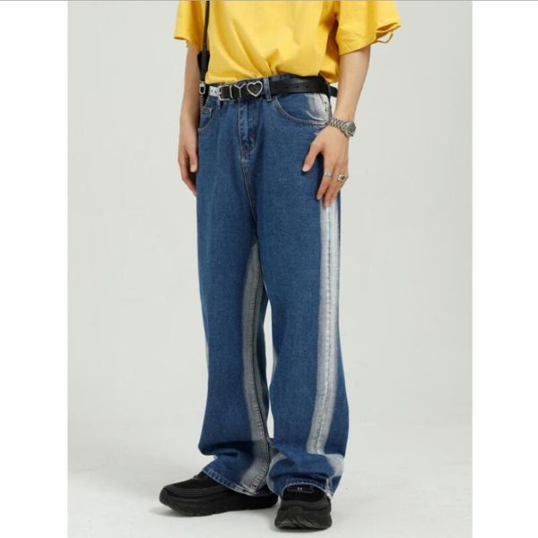 

men's jeans side bleaching loose casual straight denim pants male harajuku streetwear hip hop wide leg trousers man w2183, Blue