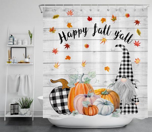 

shower curtains fall pumpkin gnomes curtain rustic farmhouse planks autumn fallen leaves bathroom decor waterproof polyester with hooks