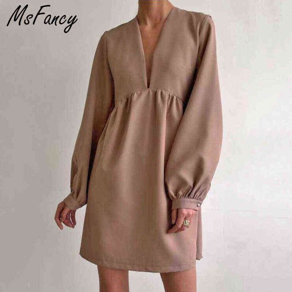 

msfancy black long sleeve dress women 2021 elegant deep v-neck tunic vestido de mujer korean fashion lantern sleeve party robe g1223, Black;gray