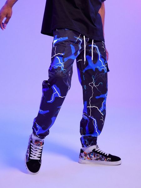 

romwe thunder graphic colorblock cargo pants d6ag#, Black