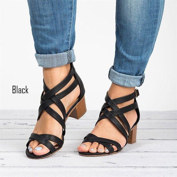 

dress shoes eoeodoit 2021 summer plus size sandals open toe cover heel med chunky block heels pumps leather cross belted women, Black