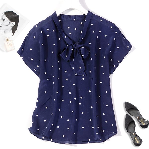 

coat women's 100% pure silk shirt blouse tie bow neck short sleeve navy dots  l xl jn485, Tan;black