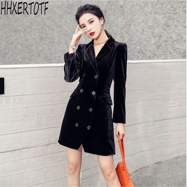 

women's jackets 2021 autumn winter black velvet v neck long sleeved retro double-breasted coat, Black;brown