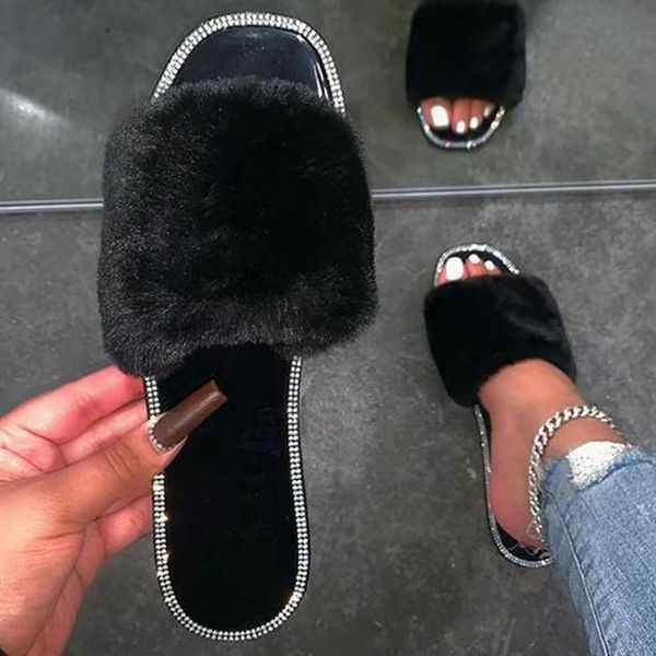 

outdoor fur slippers women square toe slides beach furry flat sandals female rhinestone shoes woman slipper wsh3813, Black
