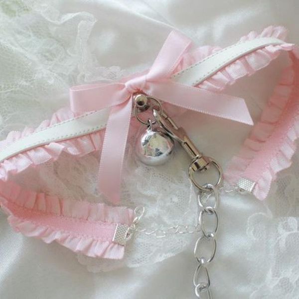 

chokers women harajuku gothic collar pendant bow knot bell chain choker lace leash ring steel slave bondage toys, Golden;silver