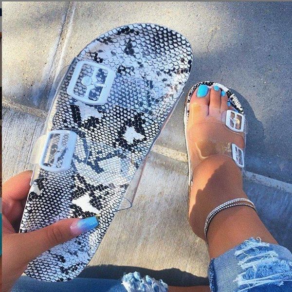 

clear shoes 2021 summer open toe belt buckle flat slippers ladies snake shallow casual beach slide woman, Black