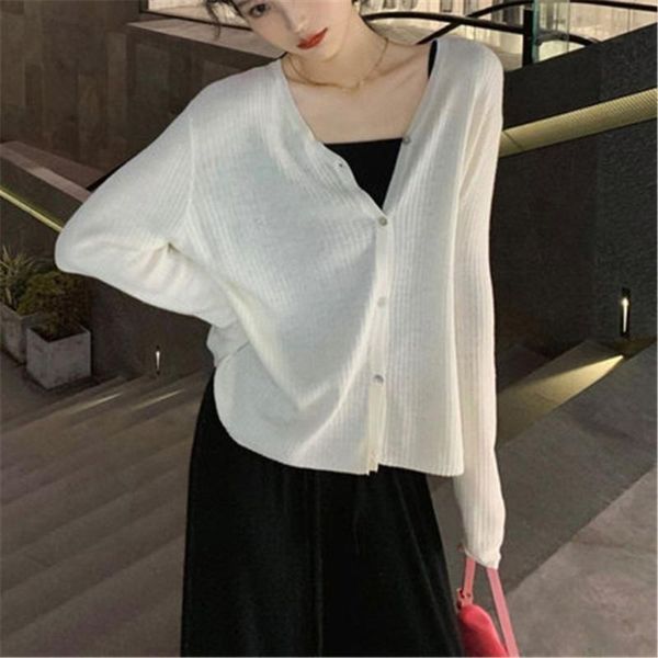 

women's knits & tees all-match korean style streetwear retro sweet jumpers daily 2021 women cardigans solid knitted stylish casual simp, White