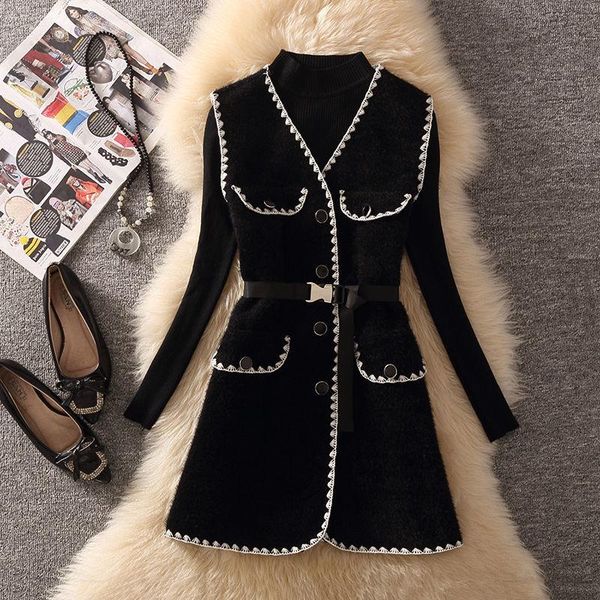 

women's tracksuits women 2021 autumn winter elegant suit chic sashes panelled patchwork vest + slim fit knitted sweaters female 2 piece, Gray